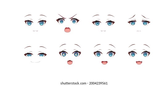 Los ojos de las expresiones de manga anime fijaron a la chica del gato del necko. Estilo de caricatura japonés