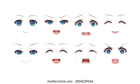 Anime manga expressions eyes set girl. Japanese cartoon style