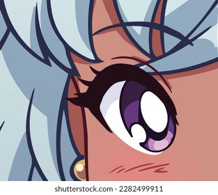 Anime manga eye close up. White hair and tan skin. Hand drawn vector illustration