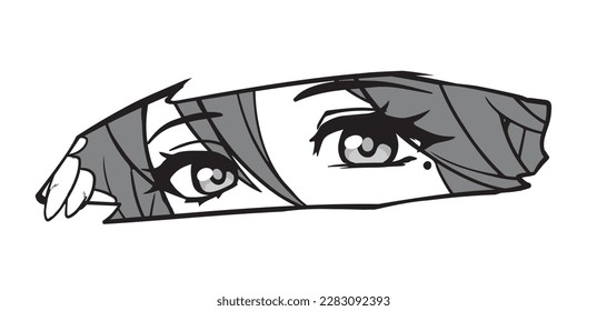 Anime manga eyes looking from a paper tear. Monochrome colors. Vector hand drawn.