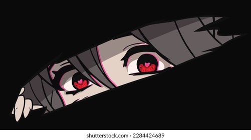 Anime manga eyes looking from a paper tear. Red yandere eyes with hearts. Vector hand drawn image on black background.