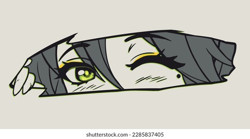 Anime manga eyes looking from a paper tear. Cute green flirty sight, monochrome colors. Vector hand drawn. 