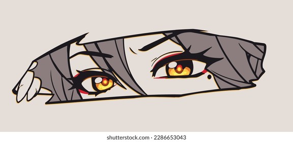 Anime manga eyes looking from a paper tear. Angry yellow sight, monochrome colors. Vector hand drawn. 