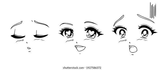 Anime and manga faces set. different expressions. Hand drawn vector illusration.