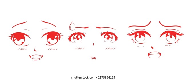 Anime and manga faces set. different expressions. Hand drawn vector illusration.