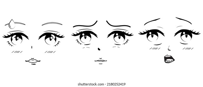 Anime and manga faces set. different expressions. Hand drawn vector illusration.