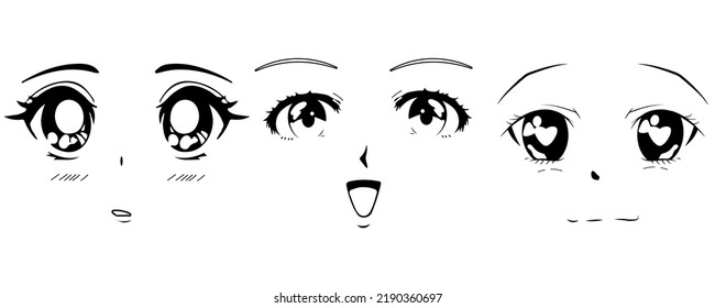 Anime and manga faces set. different expressions. Hand drawn vector illusration.