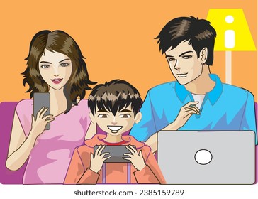 Anime Manga Family using mobile phone and laptop -,Vector
