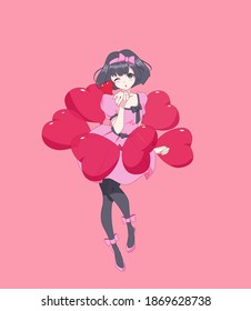 Anime manga girl blows a kiss in a dynamic pose. Balloons in the form of a heart. Valentines day card. Vector illustration