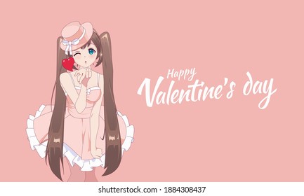 Anime manga girl blows a kiss. Valentines day card. Vector illustration