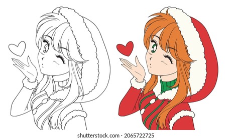 Una chica de manga anima un beso. Navidad disfraz de Santa Claus. Imagen de contorno para libro de coloreo.