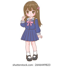 anime manga girl with blue dress and pink bow on her hair