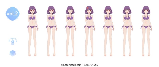Anime manga girl, Cartoon character in Japanese style. In a summer bikini swimsuit. Set of emotions. Sprite full length сharacter for game visual novel