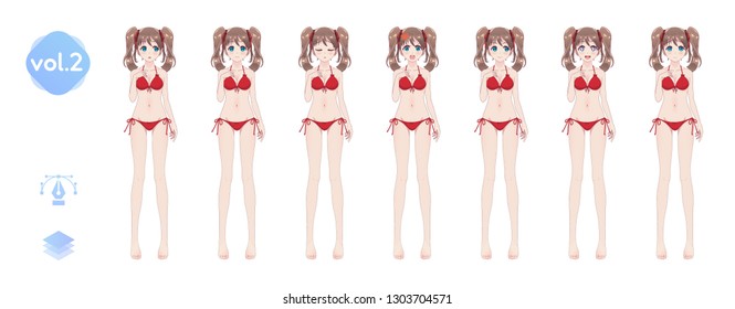 Anime manga girl, Cartoon character in Japanese style. In a summer bikini swimsuit. Set of emotions. Sprite full length сharacter for game visual novel