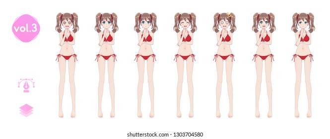 Anime manga girl, Cartoon character in Japanese style. In a summer bikini swimsuit. Set of emotions. Sprite full length сharacter for game visual novel