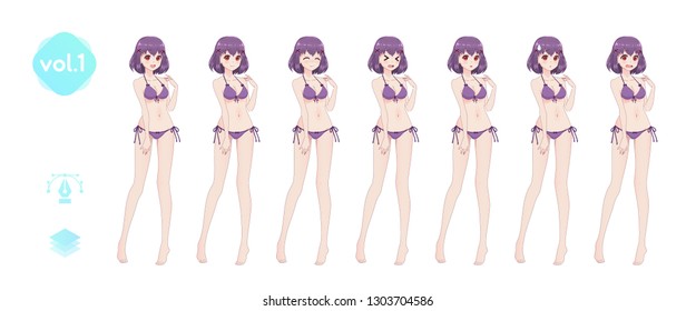 Anime manga girl, Cartoon character in Japanese style. In a summer bikini swimsuit. Set of emotions. Sprite full length сharacter for game visual novel