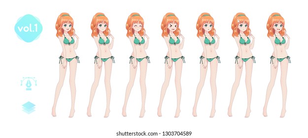 Anime manga girl, Cartoon character in Japanese style. In a summer bikini swimsuit. Set of emotions. Sprite full length сharacter for game visual novel
