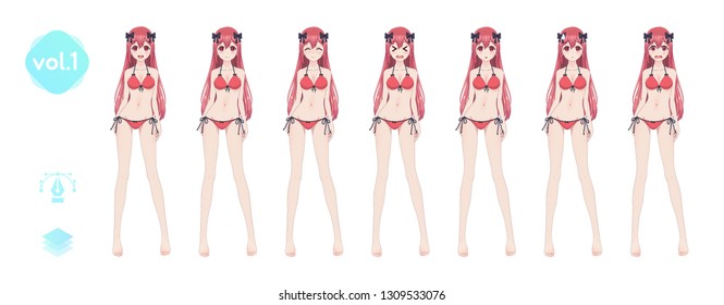 Anime manga girl, Cartoon character in Japanese style. In a summer bikini swimsuit. Set of emotions. Sprite full length character for game visual novel