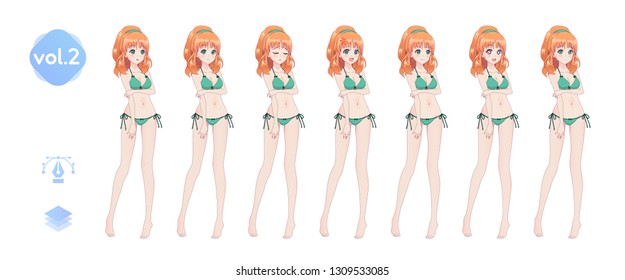 Anime manga girl, Cartoon character in Japanese style. In a summer bikini swimsuit. Set of emotions. Sprite full length character for game visual novel