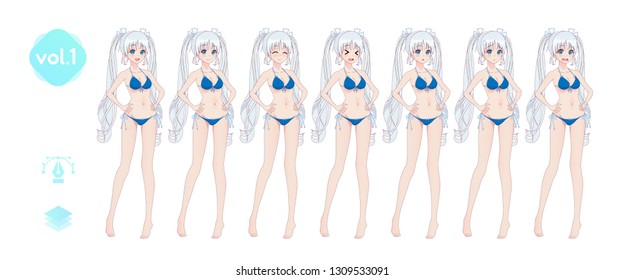Anime manga girl, Cartoon character in Japanese style. In a summer bikini swimsuit. Set of emotions. Sprite full length character for game visual novel