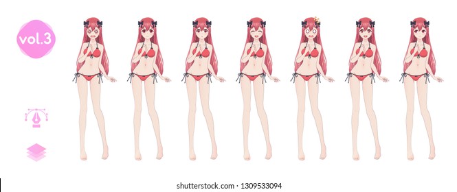 Anime manga girl, Cartoon character in Japanese style. In a summer bikini swimsuit. Set of emotions. Sprite full length character for game visual novel