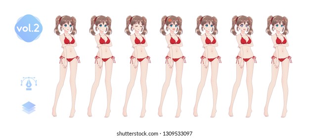 Anime manga girl, Cartoon character in Japanese style. In a summer bikini swimsuit. Set of emotions. Sprite full length character for game visual novel