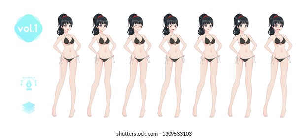 Anime manga girl, Cartoon character in Japanese style. In a summer bikini swimsuit. Set of emotions. Sprite full length character for game visual novel