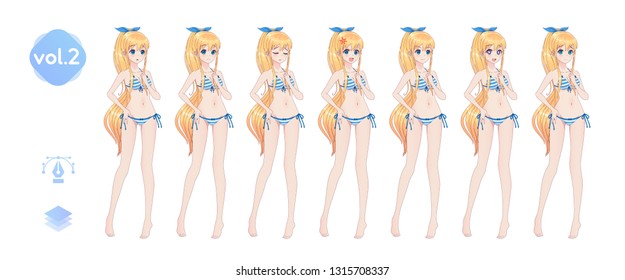 Anime manga girl, Cartoon character in Japanese style. In a summer bikini swimsuit. Set of emotions. Sprite full length character for game visual novel