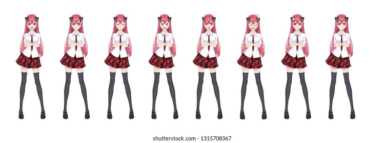 Anime manga girl, Cartoon character in Japanese style. In a white shirt, a red skirt in a cage, a tie and black stockings-tights. Set of emotions. Sprite full length character for game visual novel