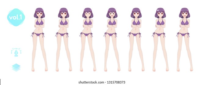 Anime manga girl, Cartoon character in Japanese style. In a summer bikini swimsuit. Set of emotions. Sprite full length character for game visual novel