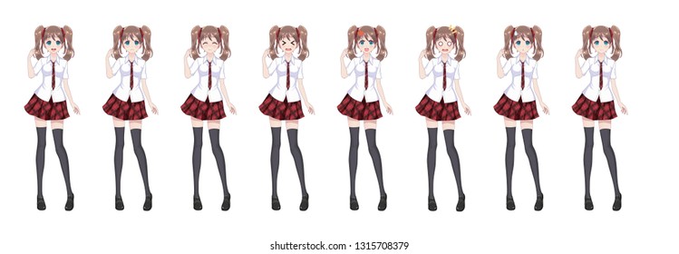 Anime manga girl, Cartoon character in Japanese style. In a white shirt, a red skirt in a cage, a tie and black stockings-tights. Set of emotions. Sprite full length character for game visual novel