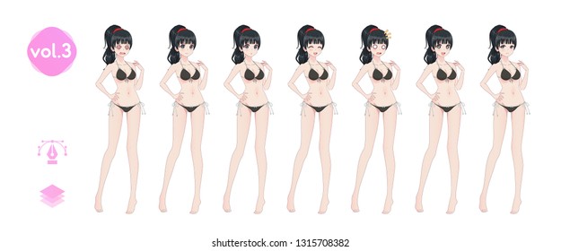 Anime manga girl, Cartoon character in Japanese style. In a summer bikini swimsuit. Set of emotions. Sprite full length character for game visual novel