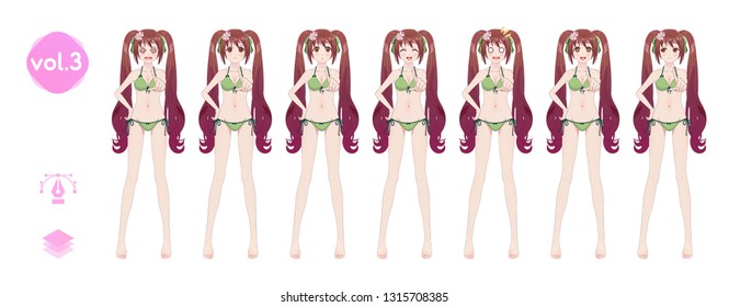 Anime manga girl, Cartoon character in Japanese style. In a summer bikini swimsuit. Set of emotions. Sprite full length character for game visual novel