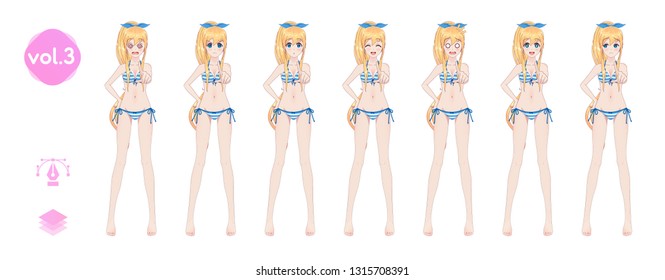 Anime manga girl, Cartoon character in Japanese style. In a summer bikini swimsuit. Set of emotions. Sprite full length character for game visual novel