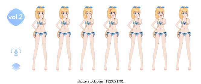 Anime manga girl, Cartoon character in Japanese style. In a summer bikini swimsuit. Set of emotions. Sprite full length character for game visual novel