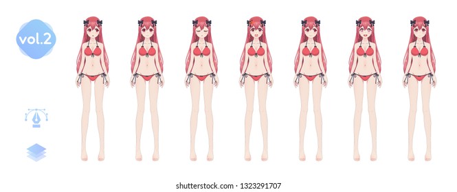 Anime manga girl, Cartoon character in Japanese style. In a summer bikini swimsuit. Set of emotions. Sprite full length character for game visual novel