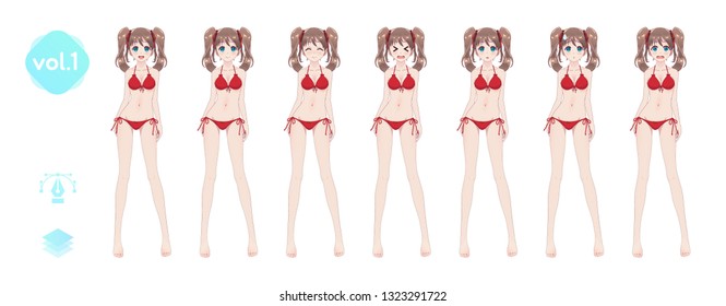 Anime manga girl, Cartoon character in Japanese style. In a summer bikini swimsuit. Set of emotions. Sprite full length character for game visual novel