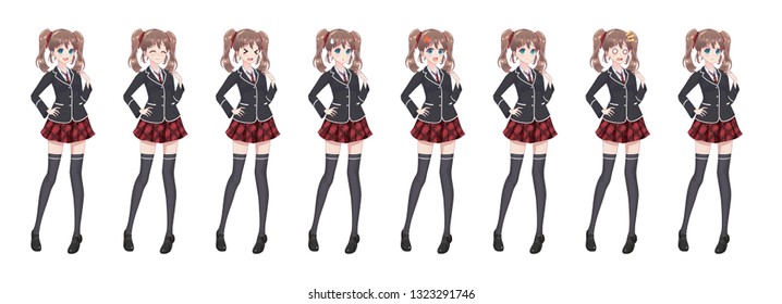 Anime manga girl, Cartoon character in Japanese style. Student girl in a black blazer, a red skirt in a cage. Set of emotions. Sprite full length character for game visual novel