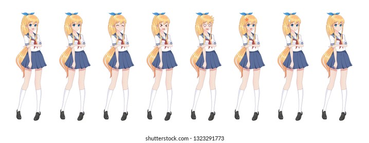 Anime manga girl, Cartoon character in Japanese style.School girl in a sailor suit, blue skirt.Set of emotions.Sprite full length character for game visual novel