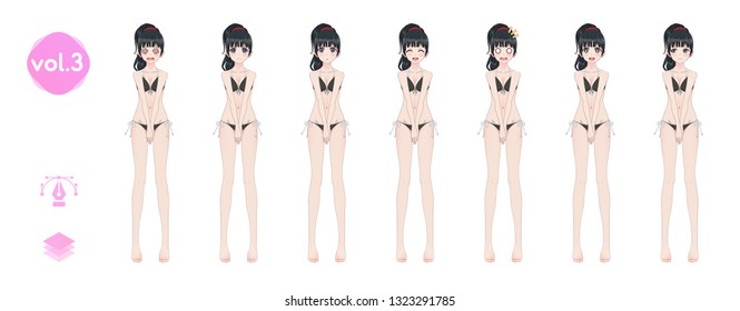Anime manga girl, Cartoon character in Japanese style. In a summer bikini swimsuit. Set of emotions. Sprite full length character for game visual novel