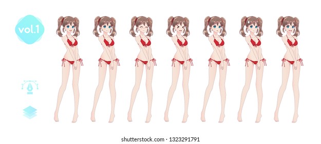 Anime manga girl, Cartoon character in Japanese style. In a summer bikini swimsuit. Set of emotions. Sprite full length character for game visual novel