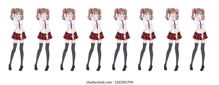 Anime manga girl, Cartoon character in Japanese style. In a white shirt, a red skirt in a cage, a tie and black stockings-tights. Set of emotions. Sprite full length character for game visual novel