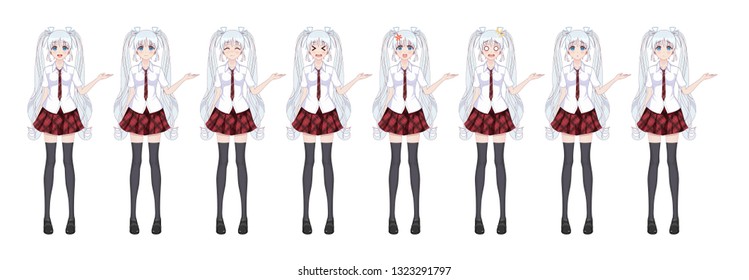 Anime manga girl, Cartoon character in Japanese style. In a white shirt, a red skirt in a cage, a tie and black stockings-tights. Set of emotions. Sprite full length character for game visual novel