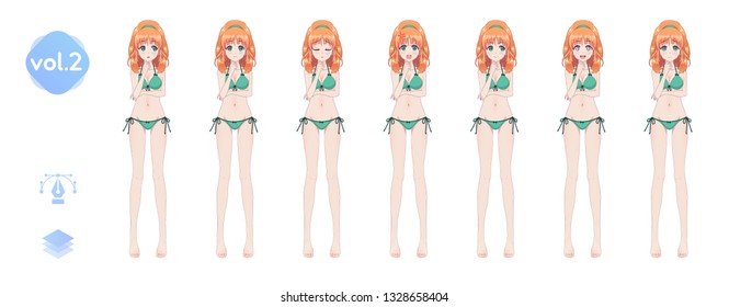 Anime manga girl, Cartoon character in Japanese style. In a summer bikini swimsuit. Set of emotions. Sprite full length character for game visual novel