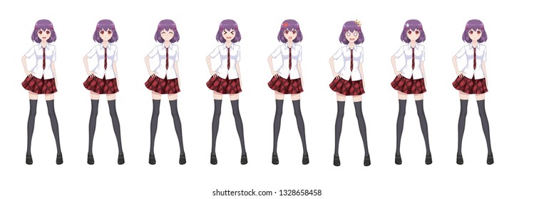 Anime manga girl, Cartoon character in Japanese style. In a white shirt, a red skirt in a cage, a tie and black stockings-tights. Set of emotions. Sprite full length character for game visual novel