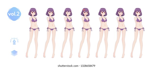 Anime manga girl, Cartoon character in Japanese style. In a summer bikini swimsuit. Set of emotions. Sprite full length character for game visual novel