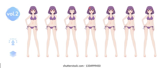 Anime manga girl, Cartoon character in Japanese style. In a summer bikini swimsuit. Set of emotions. Sprite full length character for game visual novel