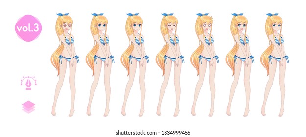 Anime manga girl, Cartoon character in Japanese style. In a summer bikini swimsuit. Set of emotions. Sprite full length character for game visual novel