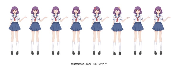 Anime manga girl, Cartoon character in Japanese style.School girl in a sailor suit, blue skirt.Set of emotions.Sprite full length character for game visual novel