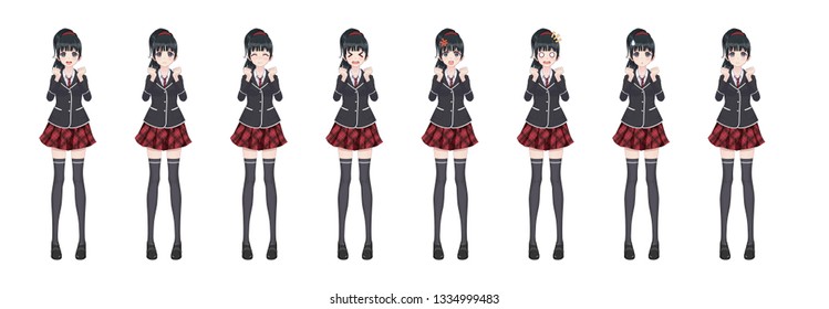 Anime manga girl, Cartoon character in Japanese style. Student girl in a black blazer, a red skirt in a cage. Set of emotions. Sprite full length character for game visual novel